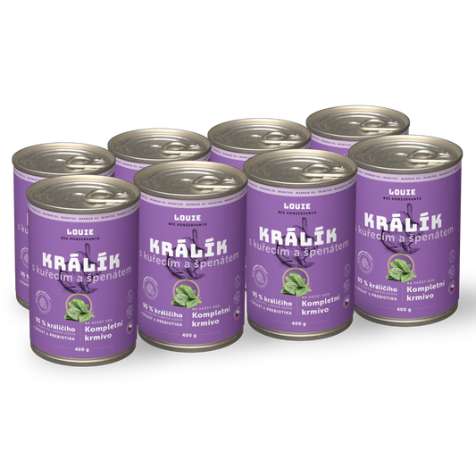 Výhodné balení 8ks - Králík s kuřecím, špenátem a prebiotiky 400g