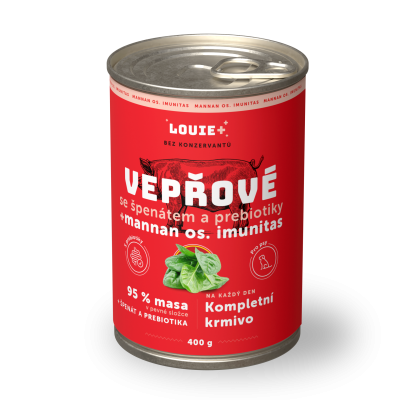 Vepřové se špenátem + prebiotika 400 g - LOUIE kompletní krmivo pro psy